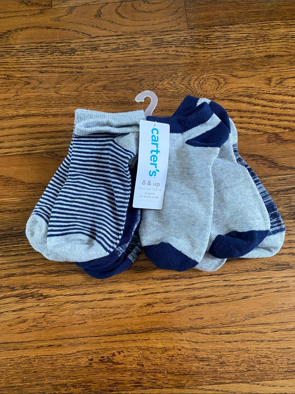 NWT Carter's Kids Gray & Navy No-Show Socks 6-Pack, Shoe Size 13 and up